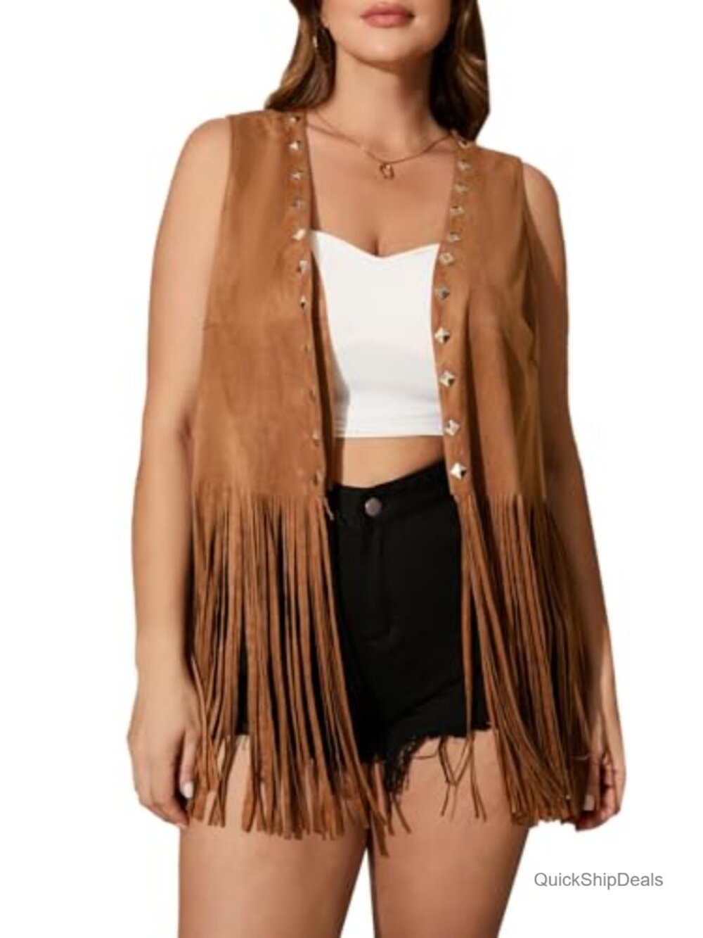 Faux Suede Vest Sleeveless Fringe Hem Studded Boho Western Wear